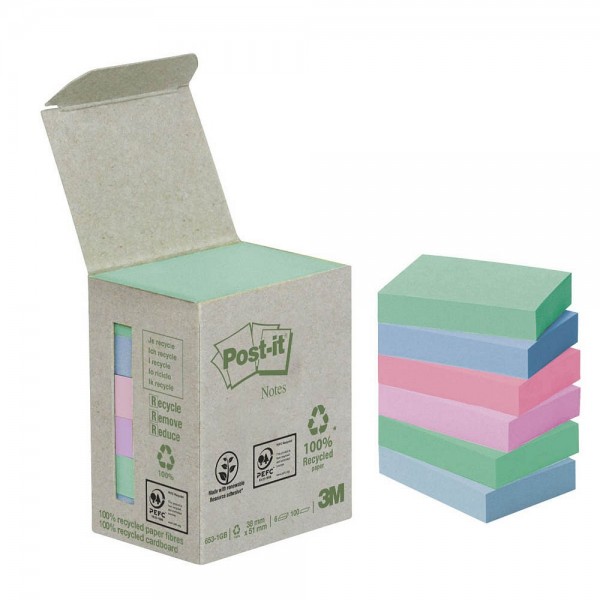 Post-it 653-1GB Recycling Notes Rainbow Haftnotizen (6 Blöcke a 100 Blatt)