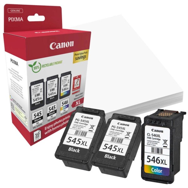 Canon 8286B015 / PG-545XLx2 + CL-546XL schwarz, color Druckköpfe + Fotopapier, 3er-Set