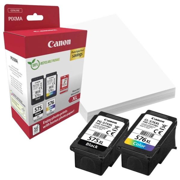 Canon 5437C006 / PG-575XL + CL-576XL schwarz, color Druckköpfe + Fotopapier, 2er-Set