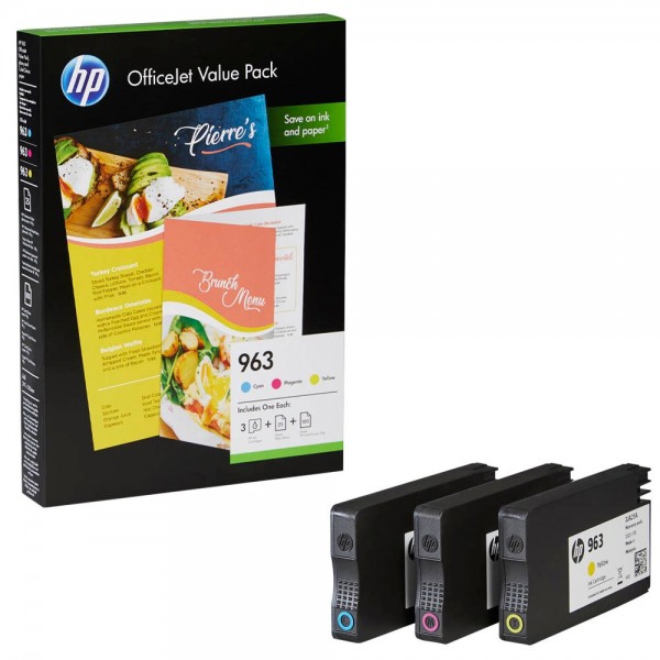HP 963 / 6JR42AE Tinten Multipack CMY (3er Set) + 25 Blatt Professional Inkjet & 100 Blatt ColorChoice Papier