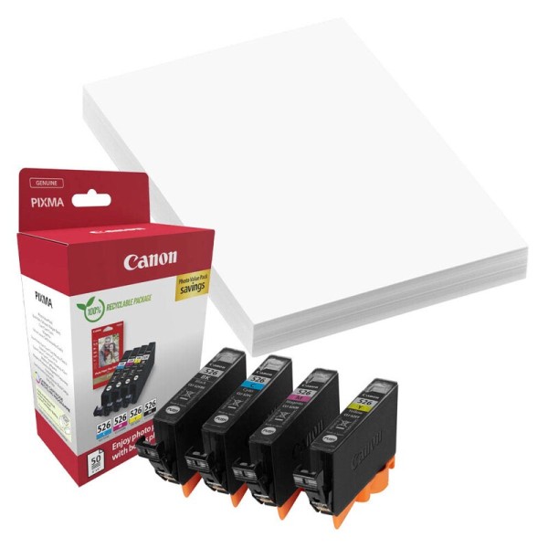 Canon 4540B019 / CLI-526 C/M/Y/BK schwarz, cyan, magenta, gelb Druckerpatronen + Fotopapier